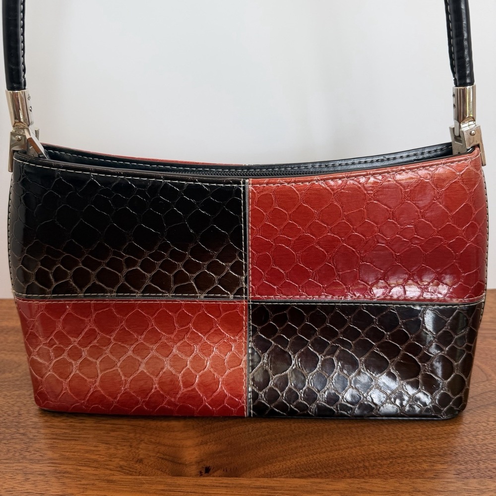 Unbranded Patchwork Bag Purse Handle Black Orange Zipper Closure Faux Leather